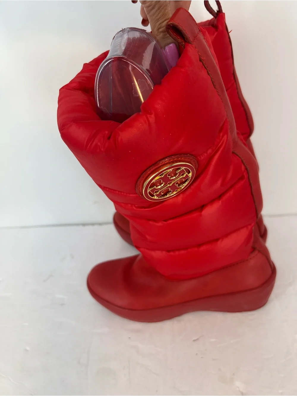 Tory Burch Red Quilted Wedge Winter Boots with Gold Logo